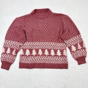 Fair Isle Sweater Handmade Knit Womens Medium Pink White Christmas Cozy Wool